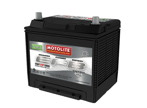 Motolite Excel EFB automotive battery with a black casing and silver label