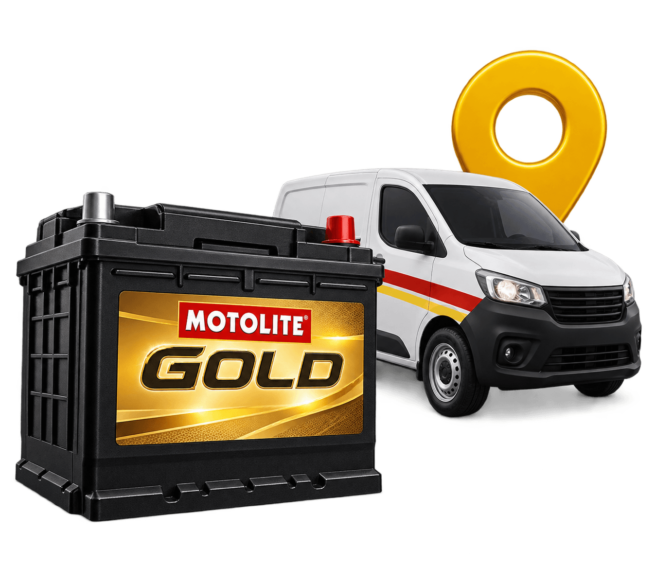 Illustration of a Motolite Gold battery, delivery van, and location pin