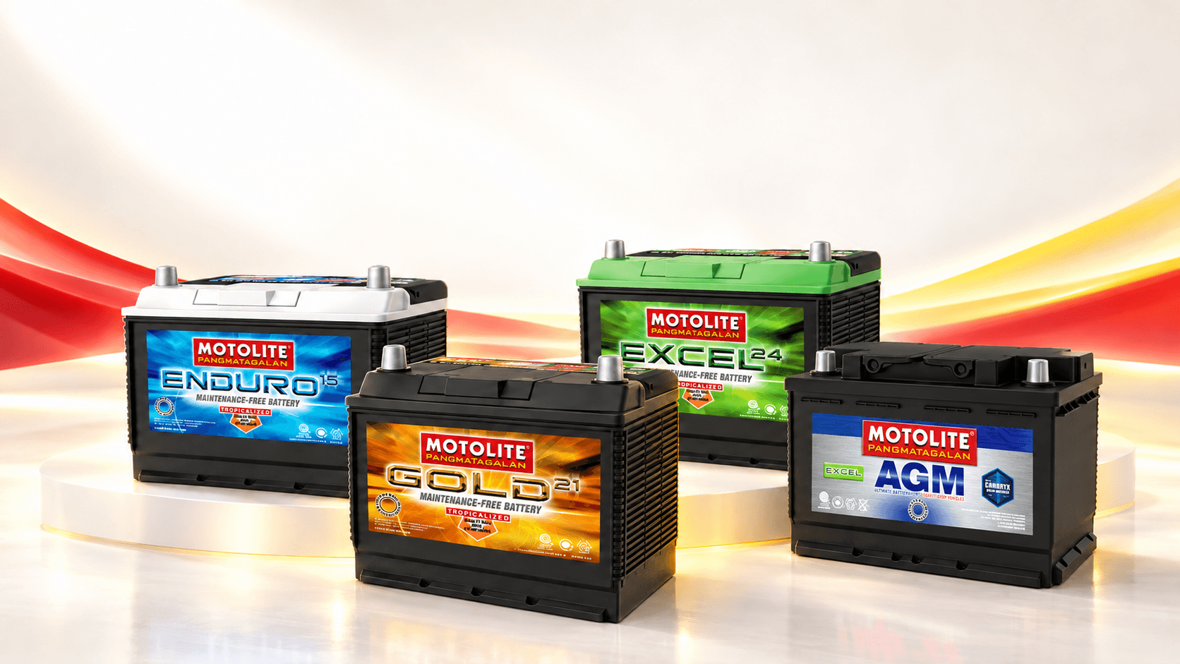 Motolite Enduro, Gold, Excel, and AGM batteries arranged on a white platform with red and yellow accents